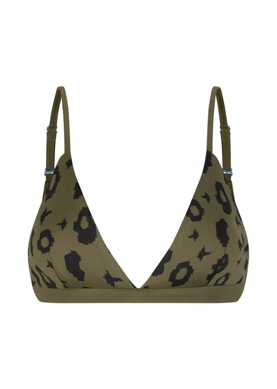 nachhaltige bikini top amami green leopard moss, sustainable swimwear, reversible swimwear